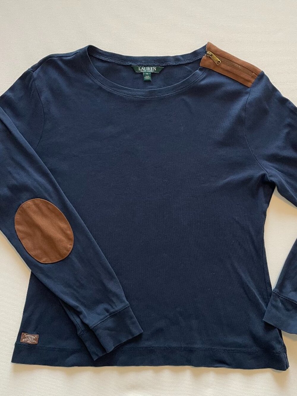 Ralph Lauren Navy Cotton Top | Faux-Suede Elbow Patches 🤎